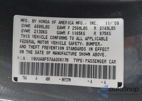 2010 Acura Tl 3.5 из США, поврежденный, VIN 19UUA8F57AA006178